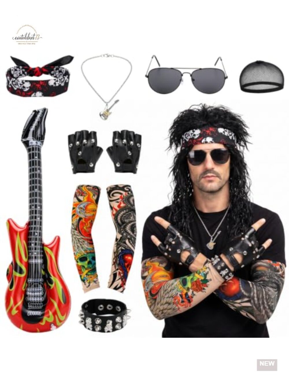 Mens Rocker Costume 9 Piece Set Mullet Wig Disco Halloween Party